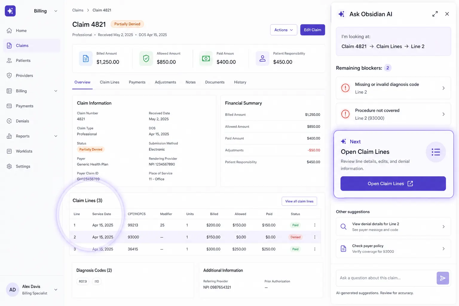 Mockup: Obsidian AI assistant panel showing context echo and next step guidance