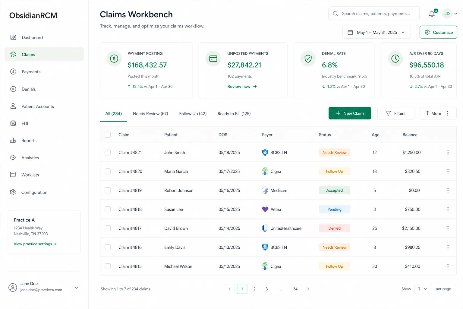 ObsidianRCM Claims workbench with 837P and 837I claim control
