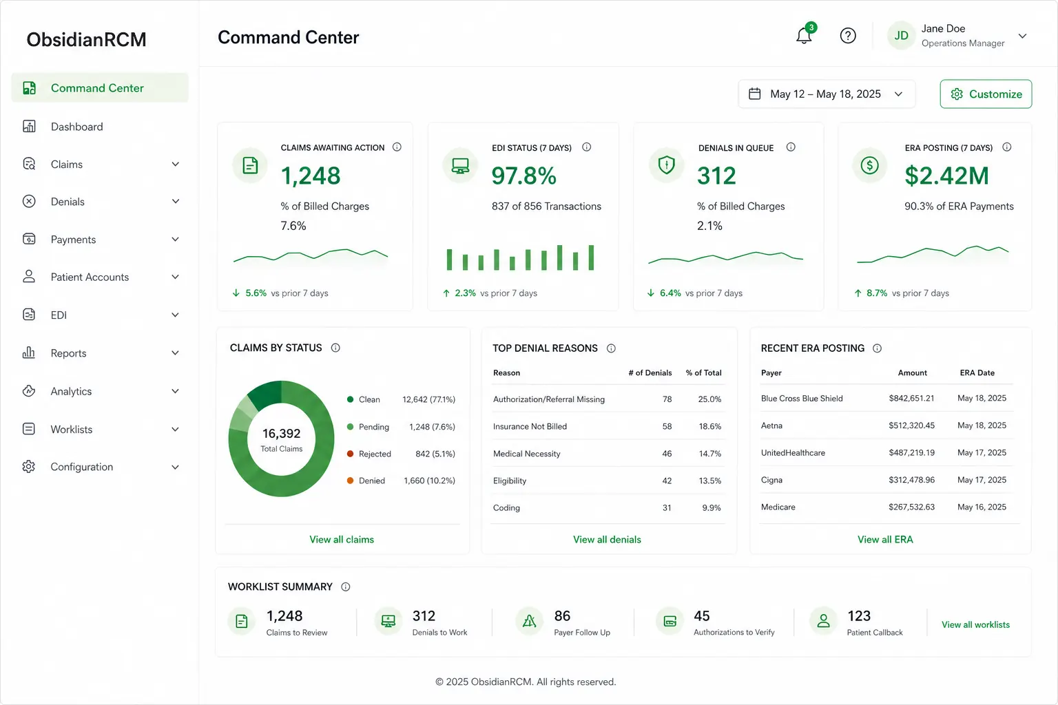 ObsidianRCM Command Center with claims, EDI, and ERA posting work queues