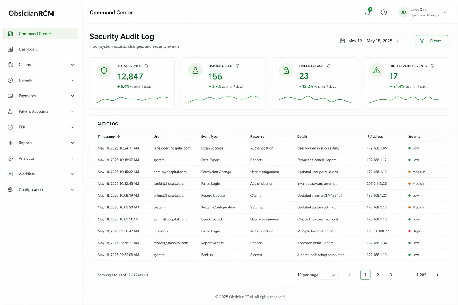 ObsidianRCM security audit log and compliance reporting
