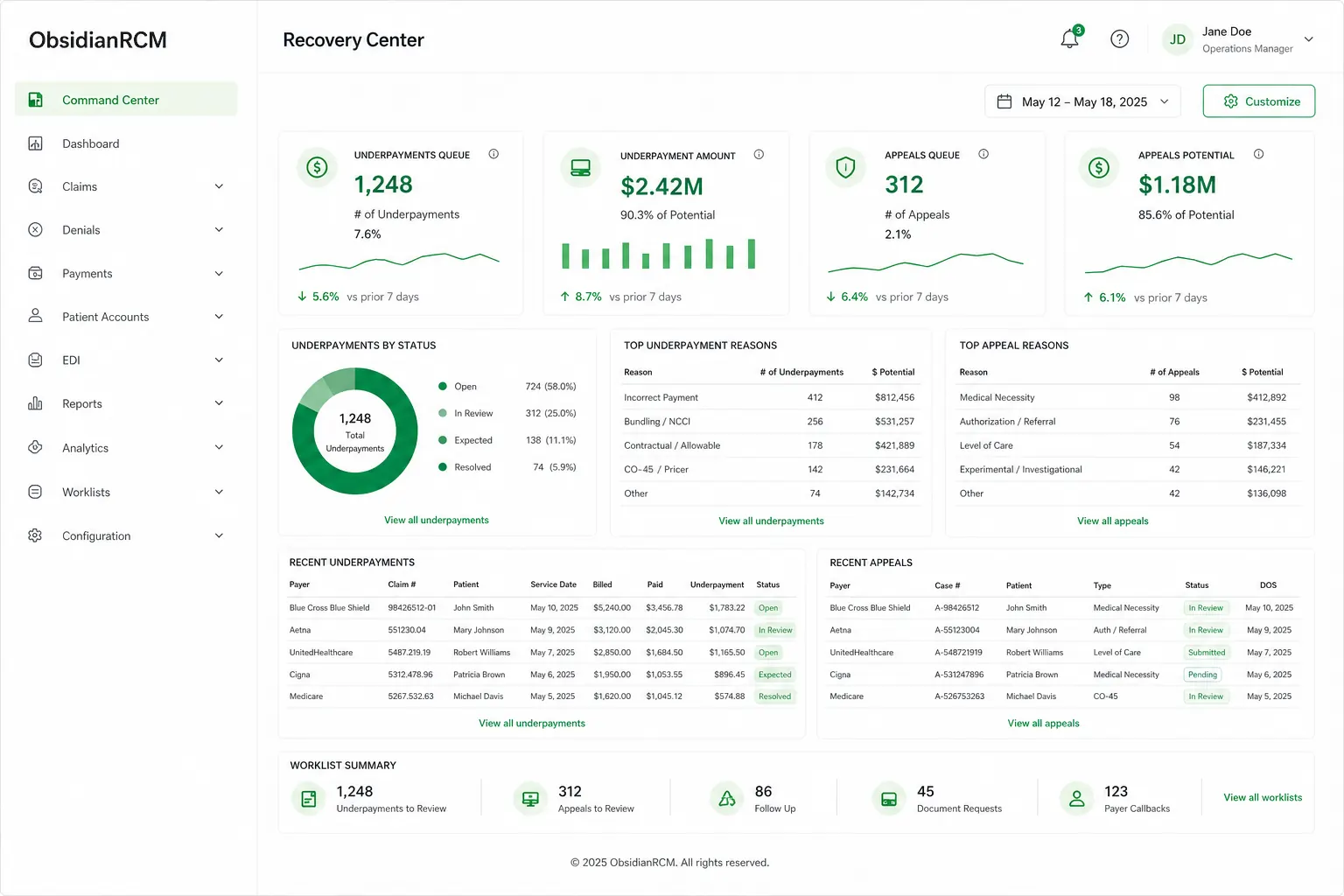 ObsidianRCM Recovery Center with underpayment and denial appeal work queues
